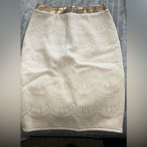 Lace detailed cream high waisted pencil skirt